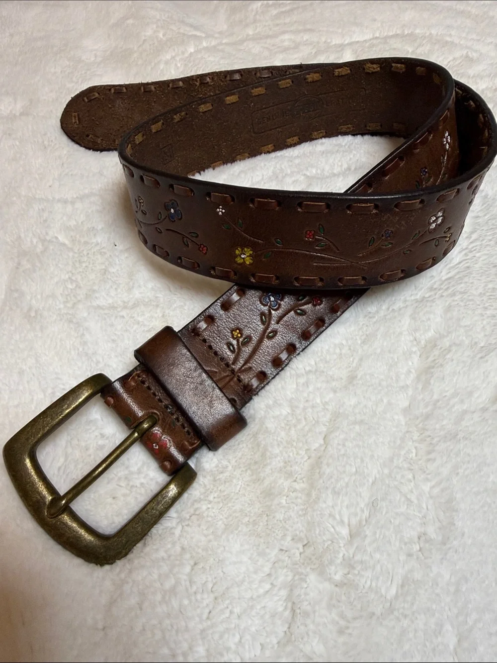 Fossil Accessory Collections boho floral whipstitch leather belt vintage 2000